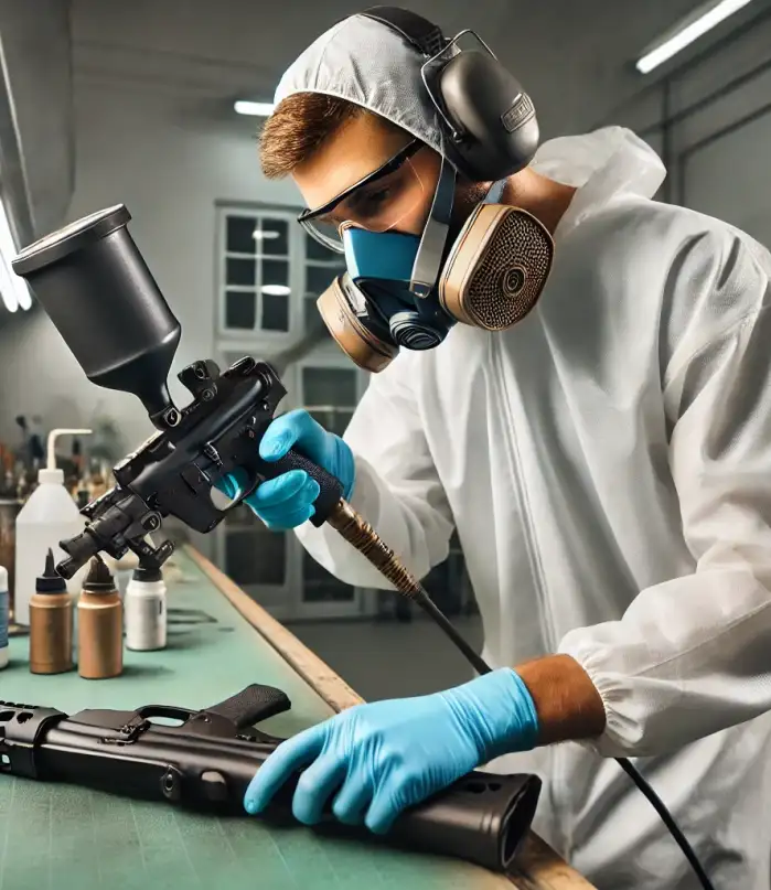 DALL·E 2024-10-16 21.07.34 – A professional technician in a workshop setting carefully applying Cerakote ceramic coating to a firearm. The technician is equipped with protective g DALL·E 2024-10-16 21.07.34 - A professional technician in a workshop setting carefully applying Cerakote ceramic coating to a firearm. The technician is equipped with protective g